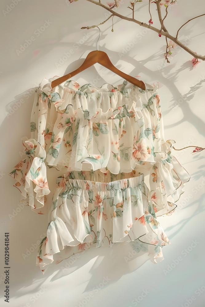 This chic and breezy offshoulder floral blouse and skirt set features ruffled details, ideal for a fashionable spring or summer look with an elegant and feminine design This chic and breezy offshoulder floral blouse and skirt set features ruffled details, ideal for a fashionable spring or summer look with an elegant and feminine design