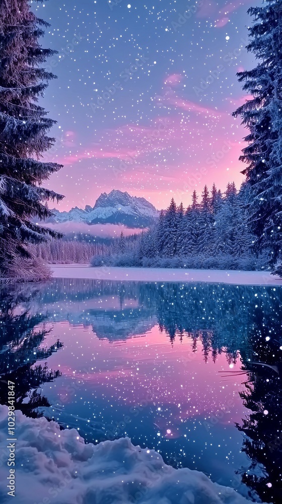 Fototapeta premium A breathtaking wintry landscape where a snowy forest with distant mountains reflects perfectly in a calm lake at dusk, creating a mirror image perfect in every detail.