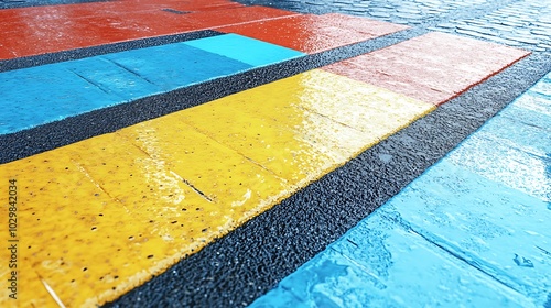 Colorful painted pedestrian crossing on a rainy day
