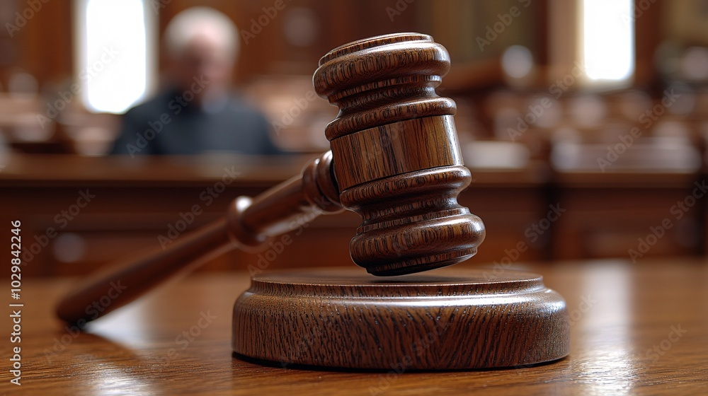 A wooden gavel rests on a judge's bench, symbolizing authority and the judicial process within a courtroom setting. A wooden gavel rests on a judge's bench, symbolizing authority and the judicial process within a courtroom setting.