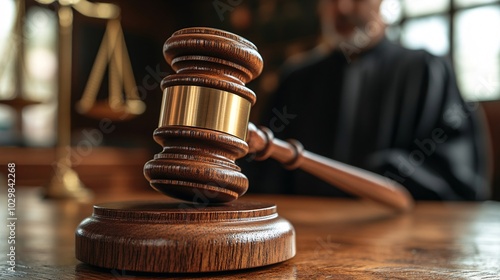 A gavel rests on a wooden desk, symbolizing justice, with a blurred judge in the background, emphasizing the courtroom environment.