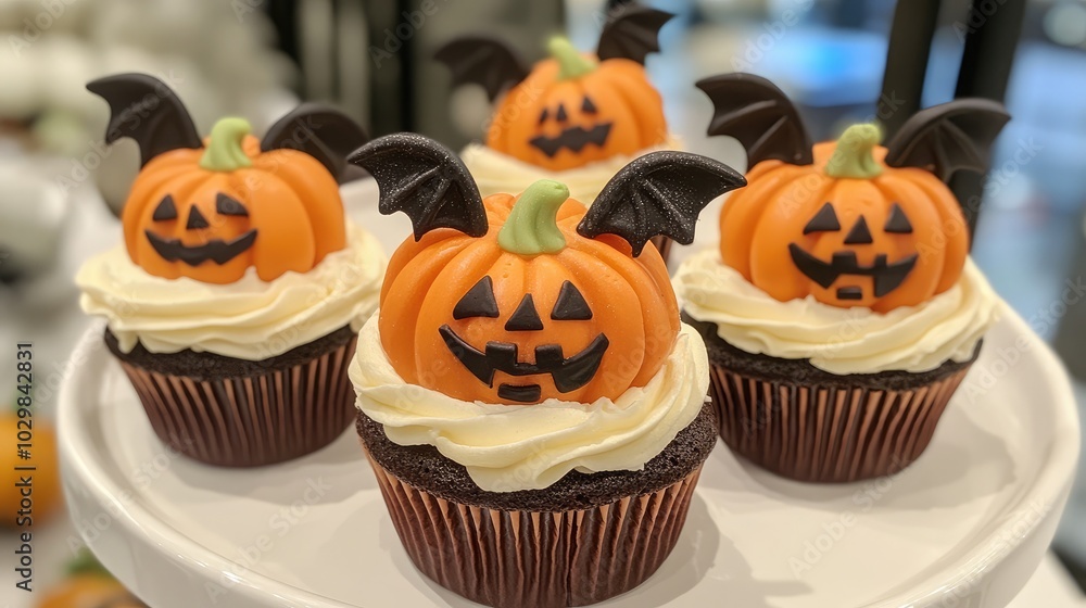Halloween Cupcakes with Pumpkin and Bat Decorations Halloween Cupcakes with Pumpkin and Bat Decorations