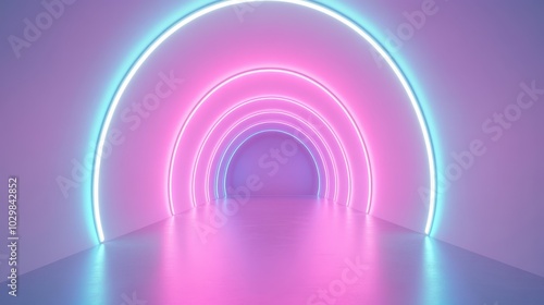 A neon pink and blue tunnel with a white background. The tunnel is lit up and has a futuristic feel to it