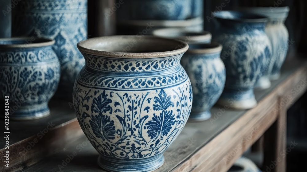 Decorative Blue and White Crafts on Wooden Shelf Decorative Blue and White Crafts on Wooden Shelf