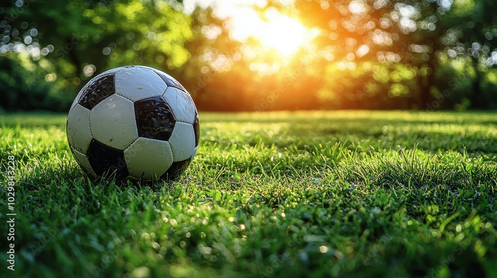 Fototapeta premium A classic black and white soccer ball resting on a vibrant green field, illuminated by the warm glow of the setting sun in a peaceful park.
