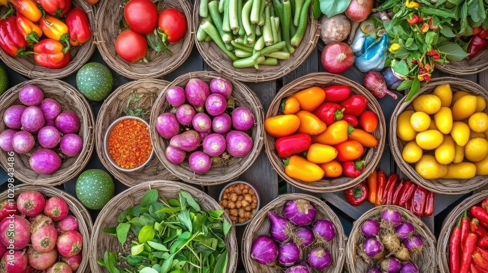 Colorful Fresh Vegetables in Rustic Baskets Colorful Fresh Vegetables in Rustic Baskets