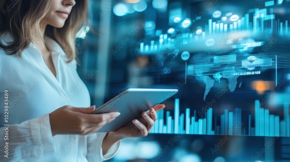 A businesswoman using a tablet to analyze data and graphs projected on a large screen. A businesswoman using a tablet to analyze data and graphs projected on a large screen.