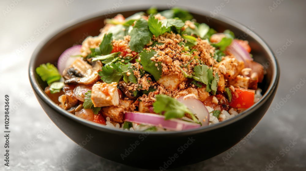 vibrant bowl of vegan larb featuring tofu, mushrooms, and fresh herbs, garnished with crushed peanuts and served over rice. This dish is delightful blend of flavors and textures vibrant bowl of vegan larb featuring tofu, mushrooms, and fresh herbs, garnished with crushed peanuts and served over rice. This dish is delightful blend of flavors and textures