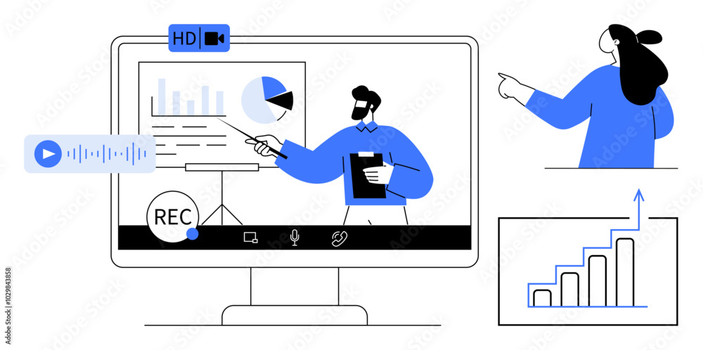 Presentation on a computer screen with a recording icon, charts, a person holding a clipboard, and another person pointing. Ideal for online education, virtual meetings, webinars, data analysis Presentation on a computer screen with a recording icon, charts, a person holding a clipboard, and another person pointing. Ideal for online education, virtual meetings, webinars, data analysis