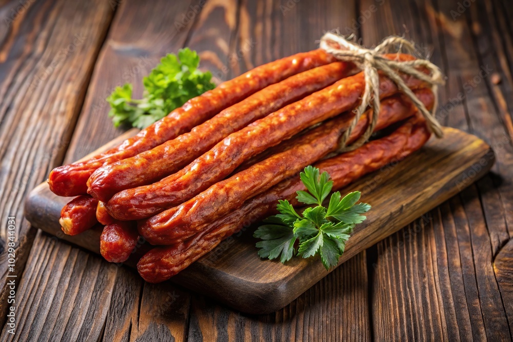 Thin dry smoked Polish sausage on wooden background with selective focus from aerial perspective Thin dry smoked Polish sausage on wooden background with selective focus from aerial perspective
