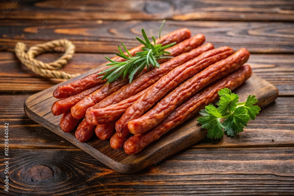 Thin dry smoked Polish sausage on wooden background Thin dry smoked Polish sausage on wooden background