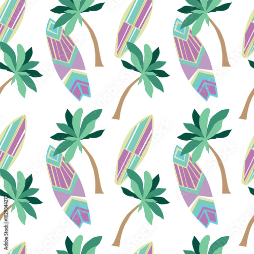 Vector seamless pattern. Palm trees, surfboards on a white background. Beach holidays, sports. Design for wrapping paper, theme for girls.