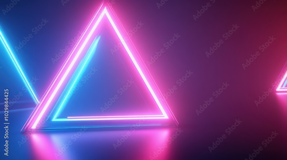 A neon sign with a blue triangle in the middle. The sign is lit up in neon colors A neon sign with a blue triangle in the middle. The sign is lit up in neon colors