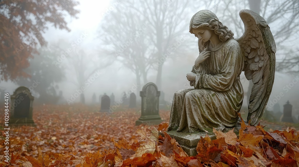 Serene Angel Statue in Foggy Cemetery Landscape Serene Angel Statue in Foggy Cemetery Landscape