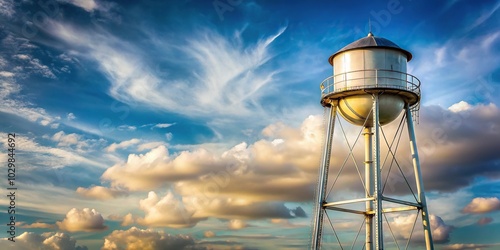 Water tower reflection in cloudy sky