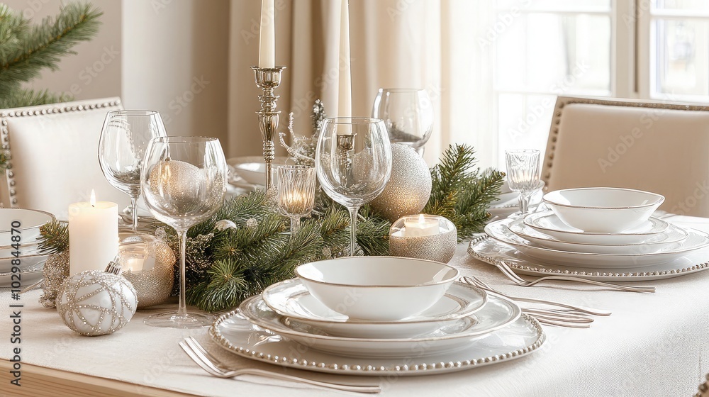 Elegant Holiday Table Setting with Decor and Candles Elegant Holiday Table Setting with Decor and Candles