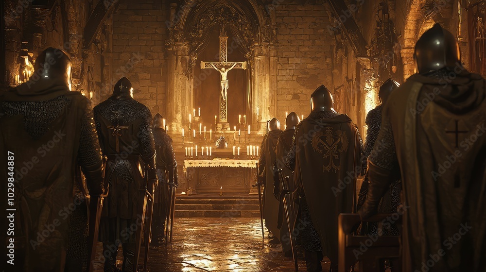 Naklejka premium Solemn Gathering of Templar Knights in Ancient Setting
