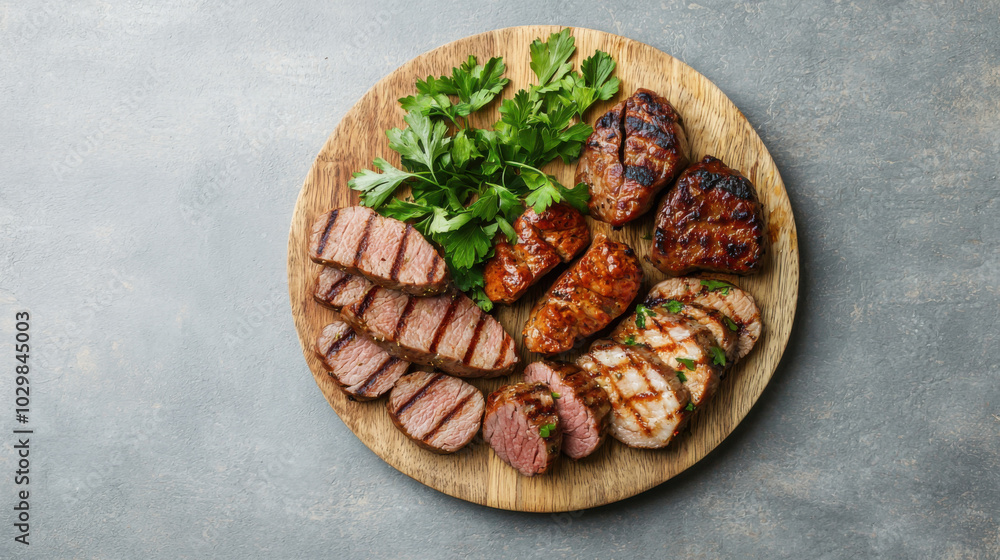 Delicious assortment of grilled mock meats made from soy protein, beautifully arranged on wooden platter with fresh parsley. Perfect for plant based meals and gatherings Delicious assortment of grilled mock meats made from soy protein, beautifully arranged on wooden platter with fresh parsley. Perfect for plant based meals and gatherings