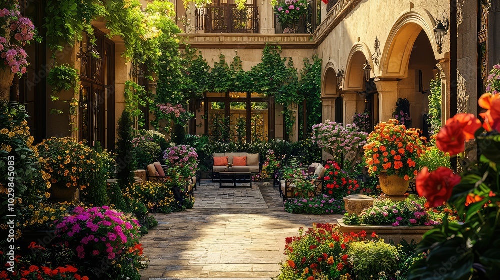 Fototapeta premium Beautifully Landscaped Courtyard with Vibrant Flowers