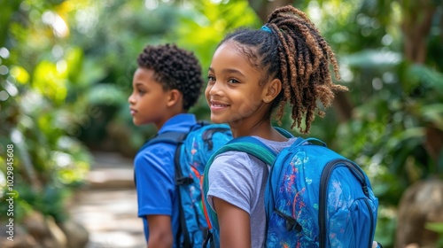 Caribbean Girl Walking to School in Lush Environment