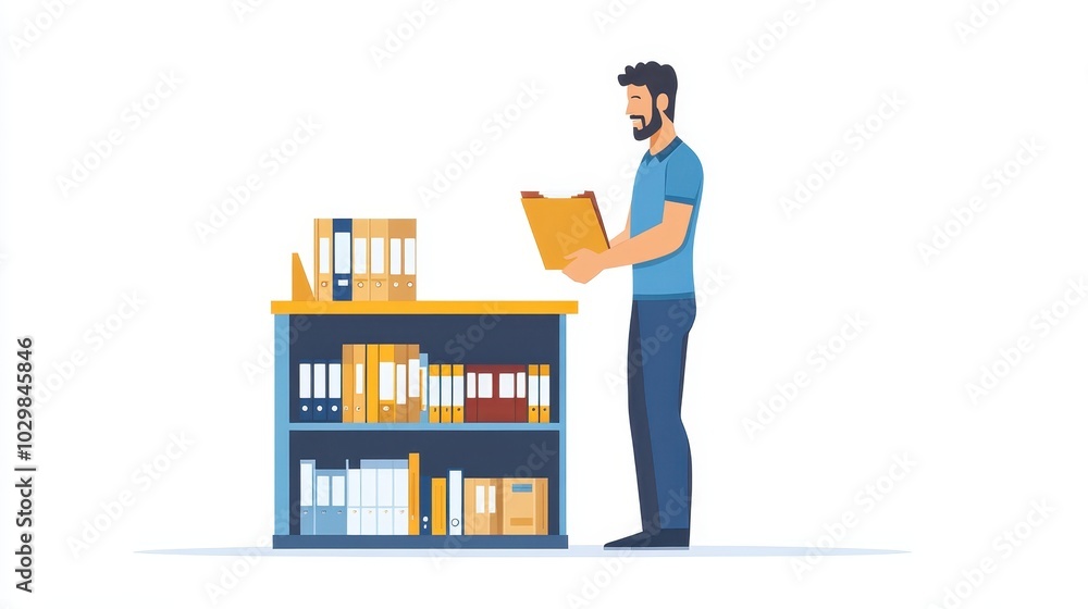 Man Examining Second-Hand Desk in Profile View Man Examining Second-Hand Desk in Profile View
