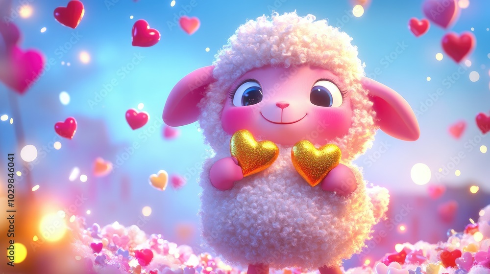Fototapeta premium A cute cartoon avatar of an anthropomorphic sheep named with pink and white fur