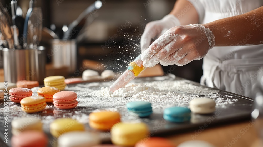 Baker Piping Colorful Macarons with Flour Dusting Baker Piping Colorful Macarons with Flour Dusting