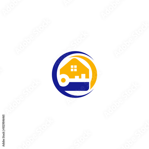 A logo design featuring a house icon combined with a key within a circular shape. The colors used are blue and yellow