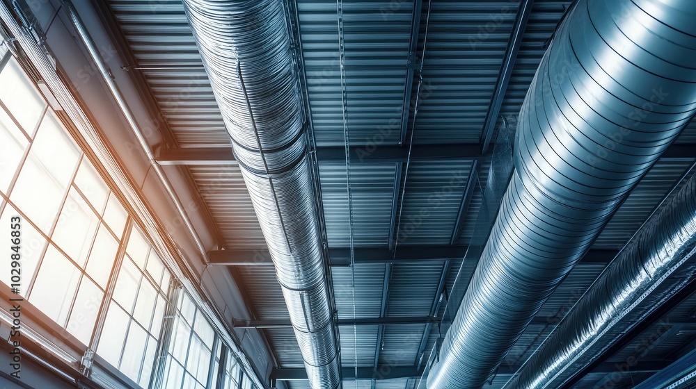 Obraz premium Industrial Air Conditioning Ducts in Warehouse Setting