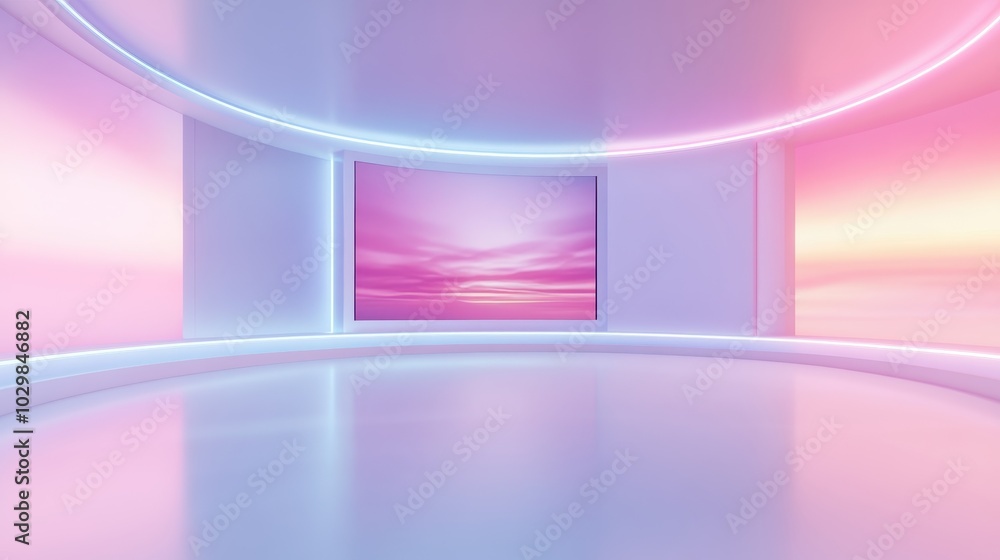 A large room with a neon pink and purple background. The room is empty and has a futuristic feel to it A large room with a neon pink and purple background. The room is empty and has a futuristic feel to it