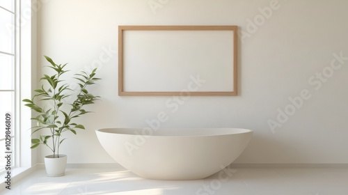 A white bathtub with a plant in a white pot next to it. The room is empty and has a clean, minimalist look