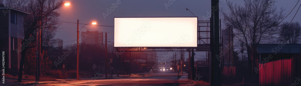 quiet street at dawn features large white billboard illuminated by streetlights, creating serene atmosphere. scene evokes sense of calm and anticipation quiet street at dawn features large white billboard illuminated by streetlights, creating serene atmosphere. scene evokes sense of calm and anticipation