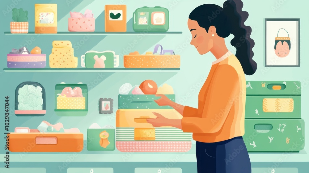 Woman Organizing Baby Items in a Bright Space Woman Organizing Baby Items in a Bright Space