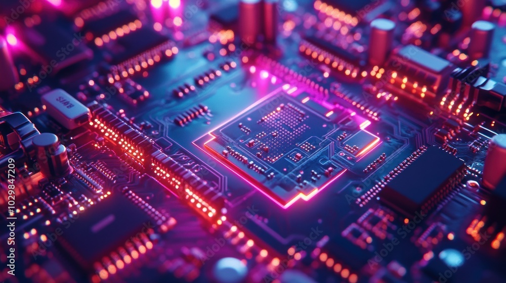 A close-up of a circuit board with glowing neon lights. A close-up of a circuit board with glowing neon lights.