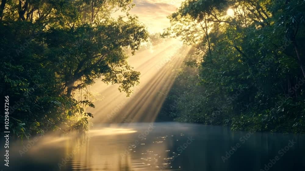 Sunbeams shining through misty forest over a calm river. Sunbeams shining through misty forest over a calm river.