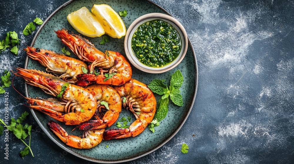 Grilled Shrimp with Lemon and Herb Sauce on Plate Grilled Shrimp with Lemon and Herb Sauce on Plate