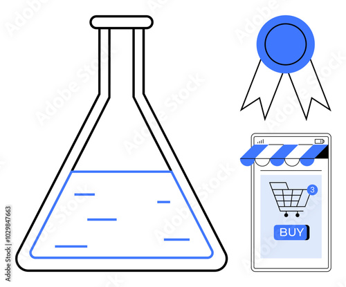 Laboratory flask, award ribbon and online shopping cart with a buy button on a mobile screen. Ideal for themes like scientific innovation e-commerce online shopping achievement and technology. Simple