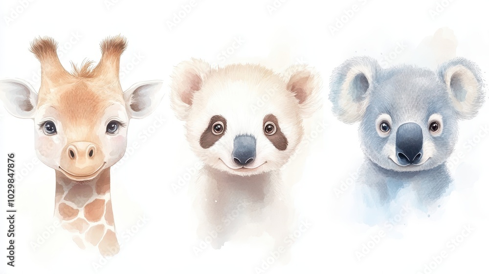 Three cute animal faces, one of which is a giraffe. The other two are a sloth and a koala Three cute animal faces, one of which is a giraffe. The other two are a sloth and a koala