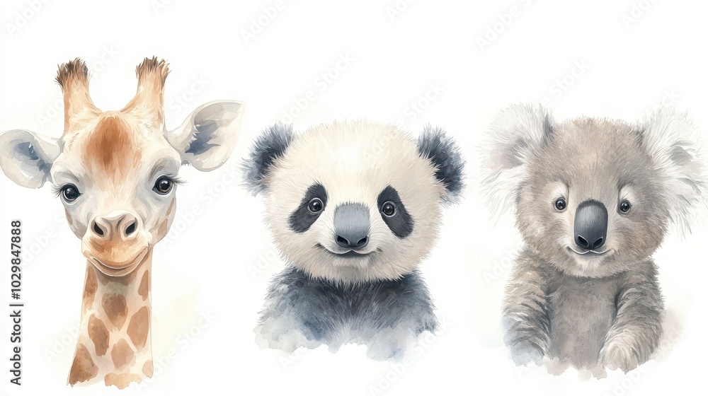 Three cute animal faces painted on a white background. The giraffe is smiling and looking at the camera, while the panda and koala are also smiling. The painting conveys a sense of warmth Three cute animal faces painted on a white background. The giraffe is smiling and looking at the camera, while the panda and koala are also smiling. The painting conveys a sense of warmth