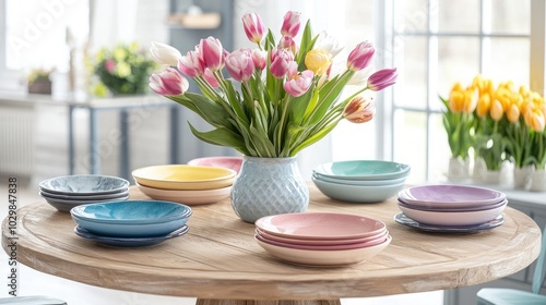 Colorful Table Setting with Flowers and Plates