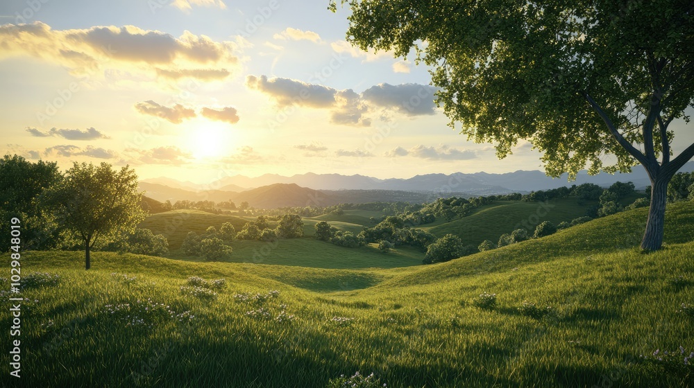 Fototapeta premium A serene sunset casts warm light over rolling hills, lush farmland, and trees, peaceful countryside scene with soft clouds in the sky