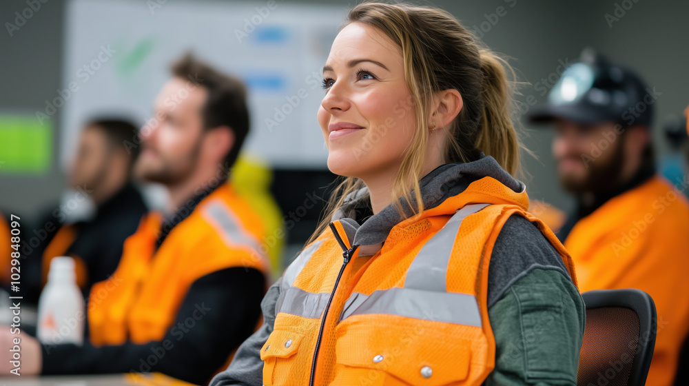 Group of Sanitation Workers in Uniform Collaborating on Cleaning Procedures in an Organized Meeting Room with Safety Materials and Equipment Group of Sanitation Workers in Uniform Collaborating on Cleaning Procedures in an Organized Meeting Room with Safety Materials and Equipment