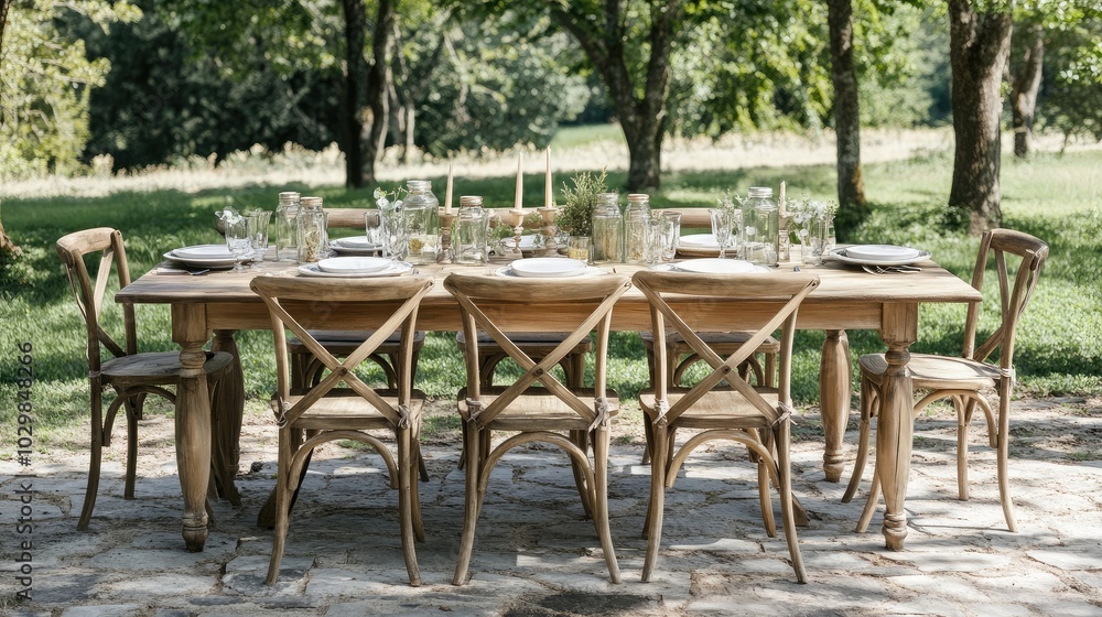 Rustic Outdoor Dining Setup with Wooden Table and Chairs Rustic Outdoor Dining Setup with Wooden Table and Chairs