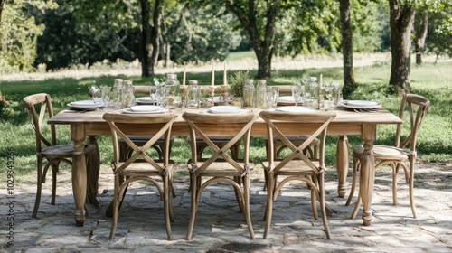 Rustic Outdoor Dining Setup with Wooden Table and Chairs