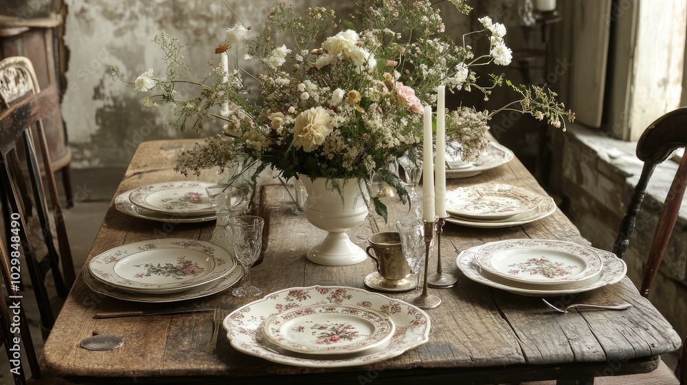 Fototapeta premium Elegant Dining Table Arrangement with Floral Centerpiece