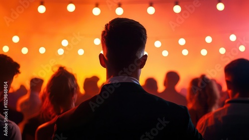 Group of friends dancing and laughing together in a festival crowd, surrounded by twinkling lights and festive decor