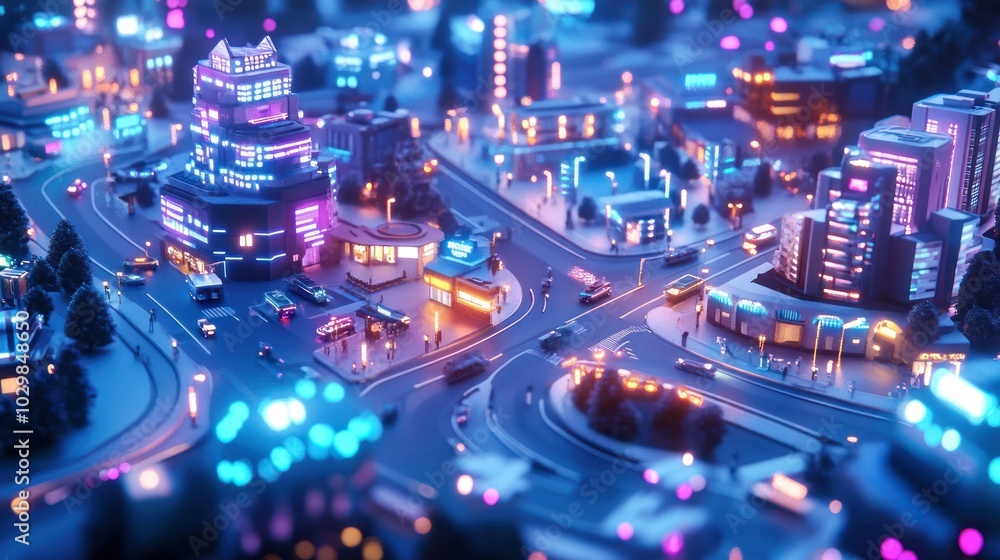 A futuristic city illuminated with neon lights, with cars driving on roads surrounded by buildings and trees. A futuristic city illuminated with neon lights, with cars driving on roads surrounded by buildings and trees.