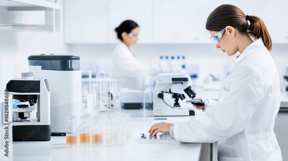 Focused Laboratory Technicians in Lab Coats Working with Microscopes and Test Tubes to Ensure Seed Sample Quality Control Focused Laboratory Technicians in Lab Coats Working with Microscopes and Test Tubes to Ensure Seed Sample Quality Control