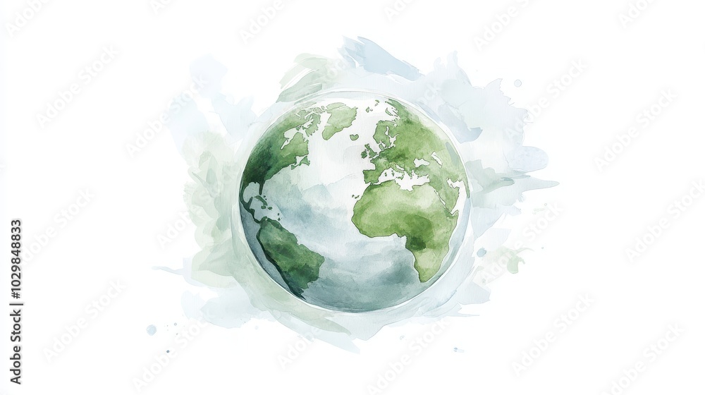 A watercolor painting of the Earth with a greenish tint. The painting is of a globe with a blue sky in the background A watercolor painting of the Earth with a greenish tint. The painting is of a globe with a blue sky in the background