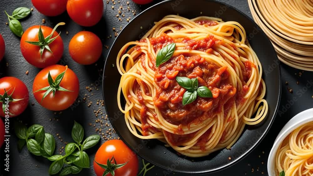spaghetti with tomato sauce and basil
